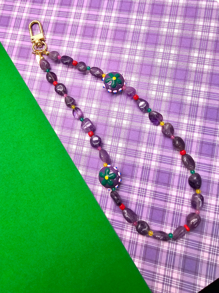 Natural Amethyst With Flower Charm Phone Strap PC130