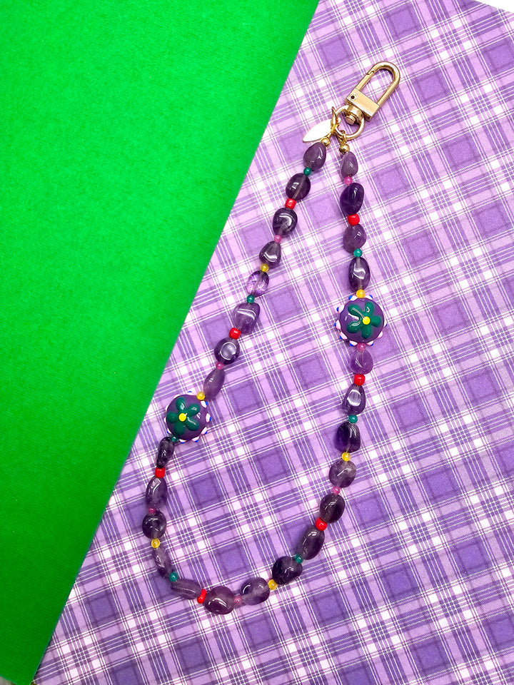 Natural Amethyst With Flower Charm Phone Strap PC130