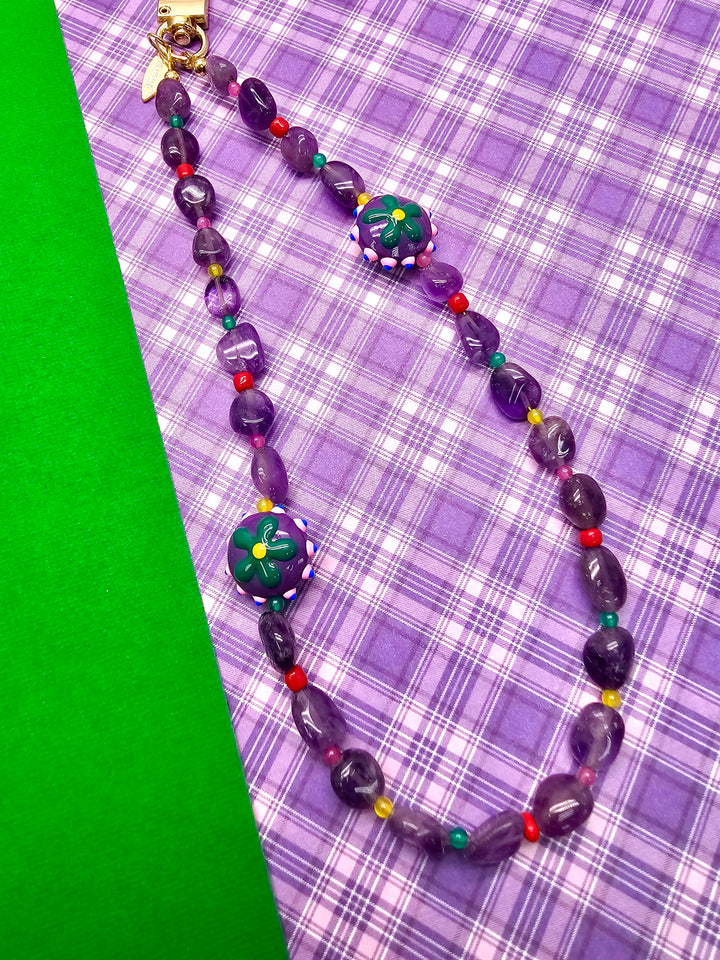 Natural Amethyst With Flower Charm Phone Strap PC130