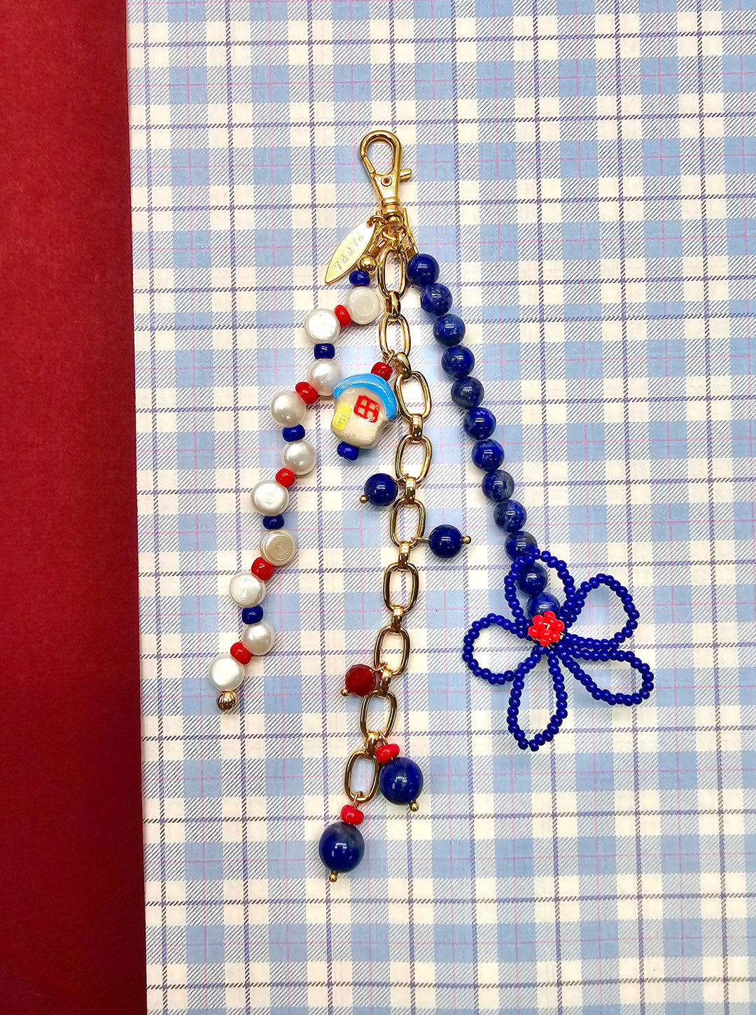 Flower Lapis And Pearls With Ceramic House Charm Phone Strap & Bag Charm PC104