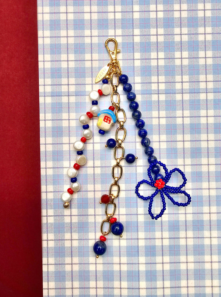 Flower Lapis And Pearls With Ceramic House Charm Phone Strap & Bag Charm PC104