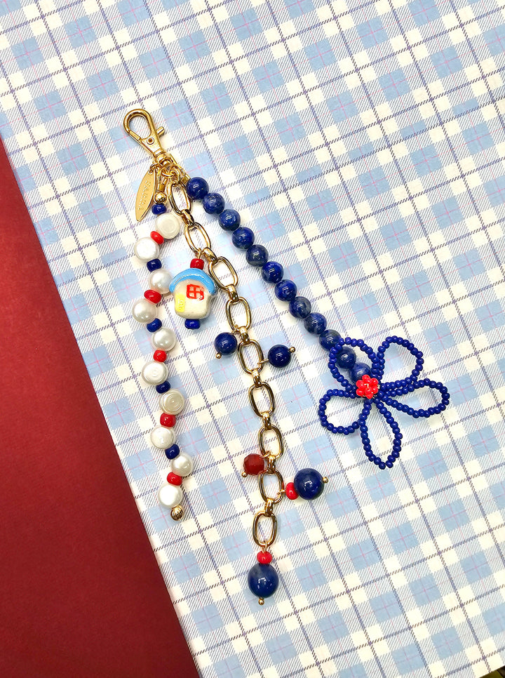 Flower Lapis And Pearls With Ceramic House Charm Phone Strap & Bag Charm PC104