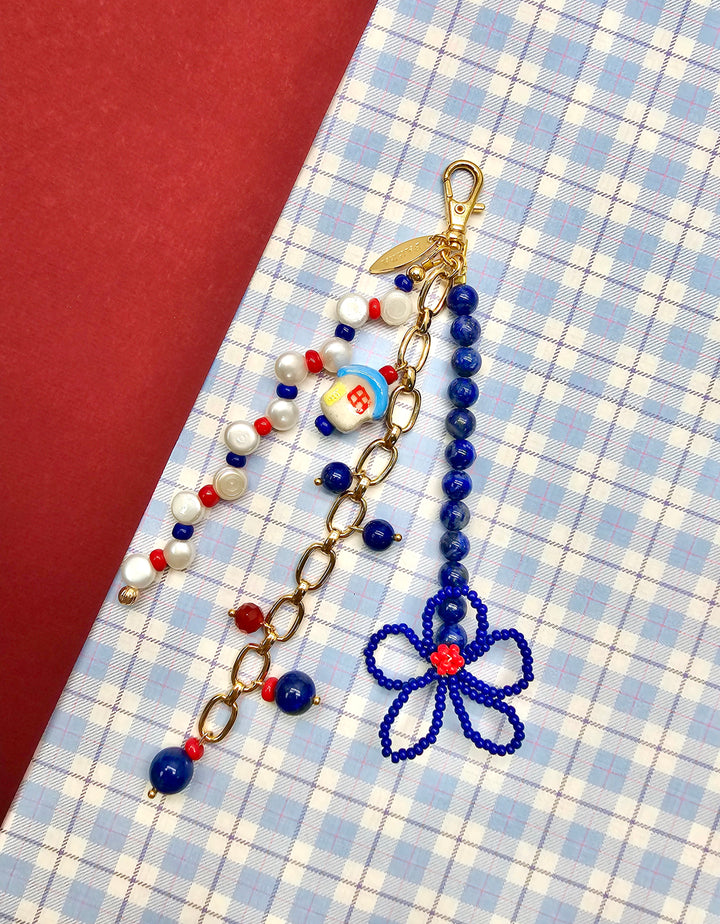 Flower Lapis And Pearls With Ceramic House Charm Phone Strap & Bag Charm PC104