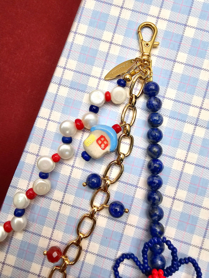 Flower Lapis And Pearls With Ceramic House Charm Phone Strap & Bag Charm PC104