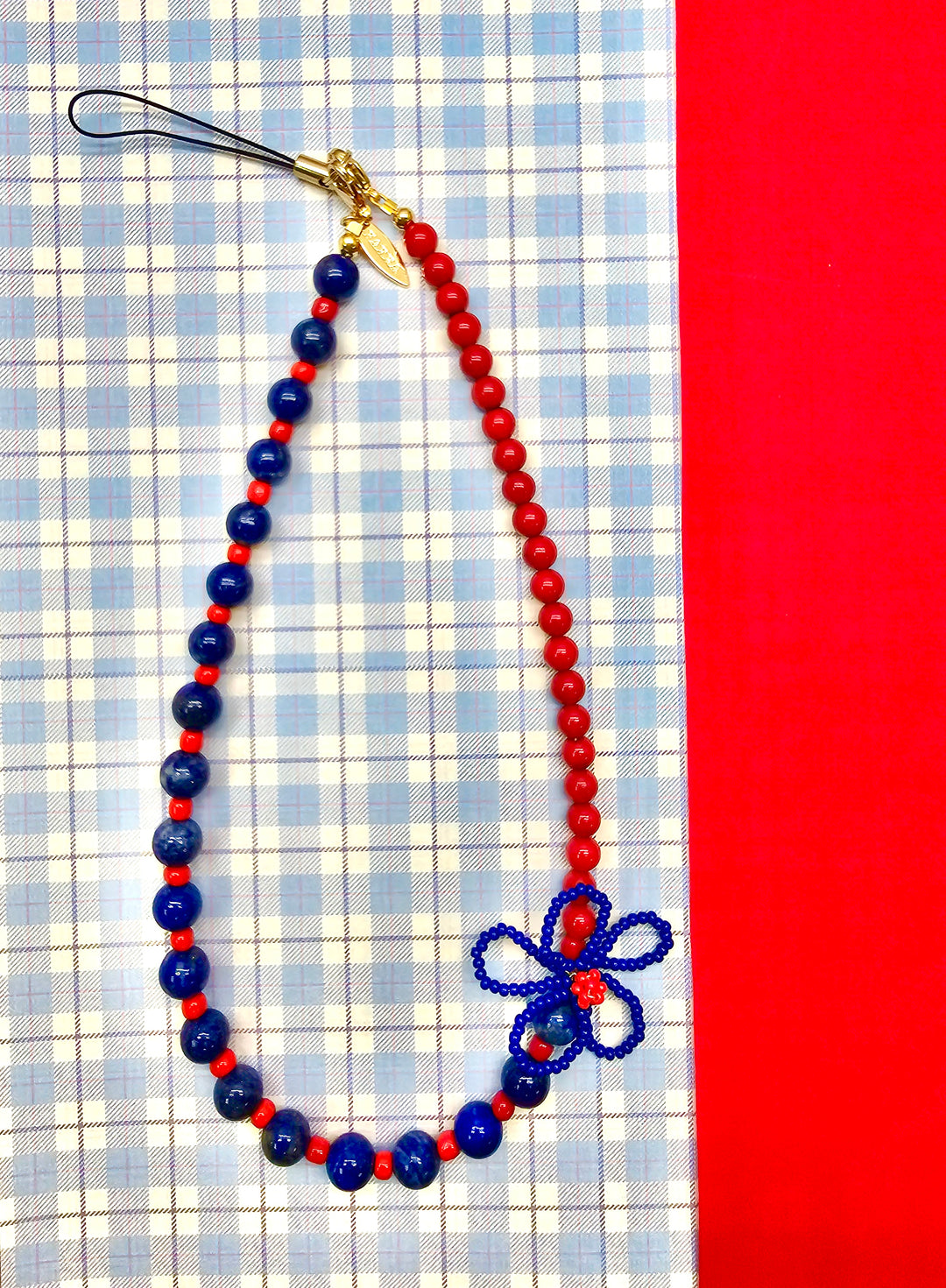 Blue Lapis Lazuli & Red Bamboo Coral With Crafted Flower Phone StrapPC139