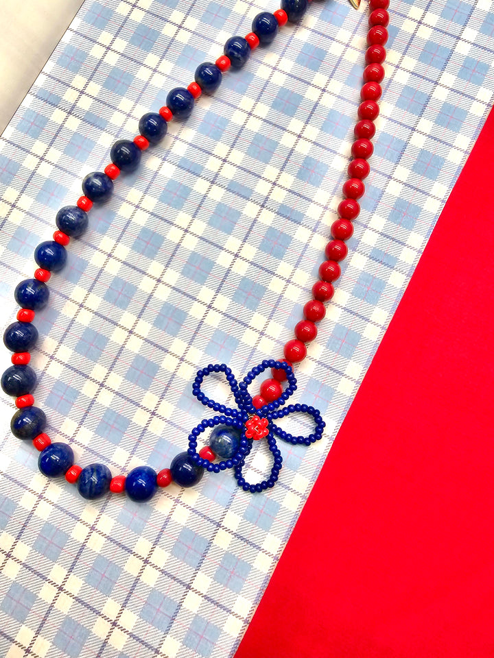 Blue Lapis Lazuli & Red Bamboo Coral With Crafted Flower Phone StrapPC139