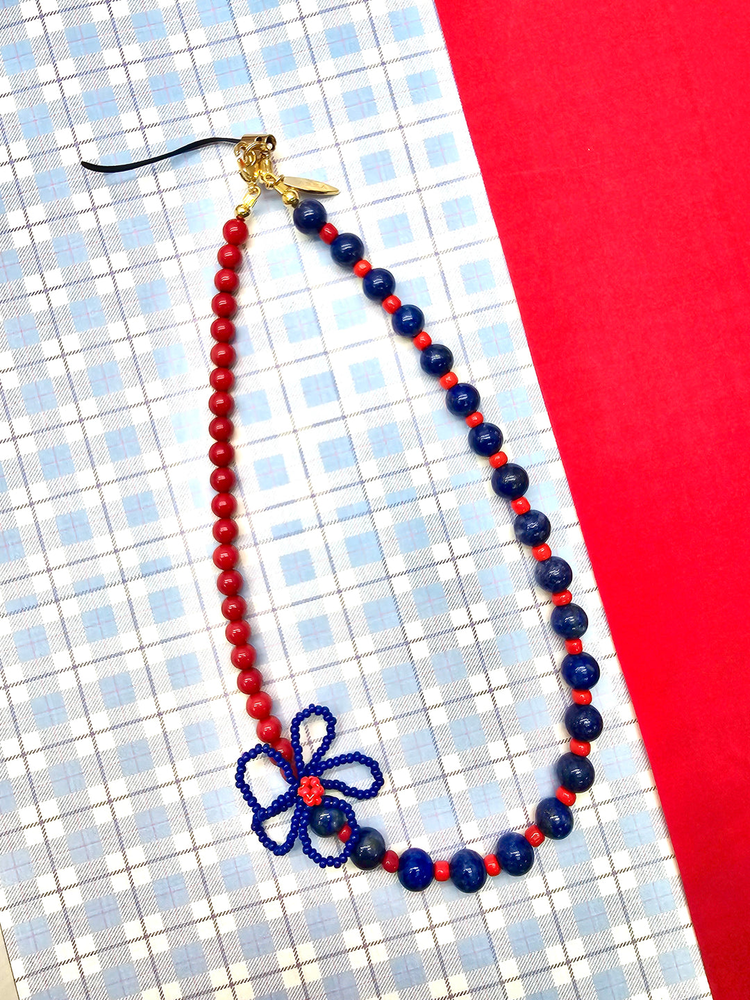 Blue Lapis Lazuli & Red Bamboo Coral With Crafted Flower Phone StrapPC139