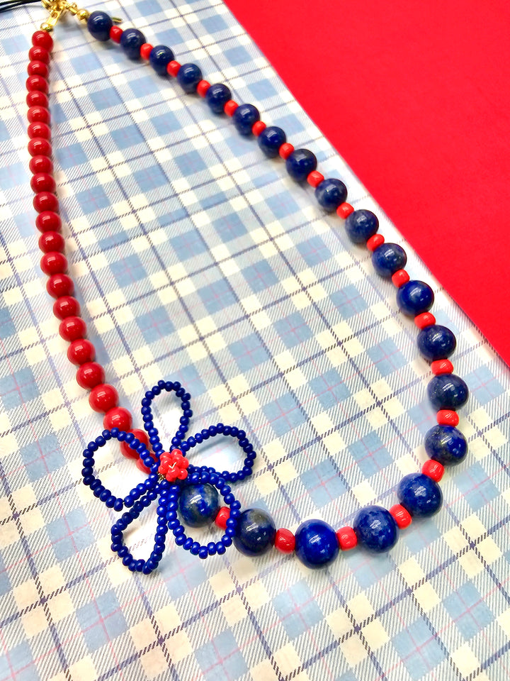 Blue Lapis Lazuli & Red Bamboo Coral With Crafted Flower Phone StrapPC139