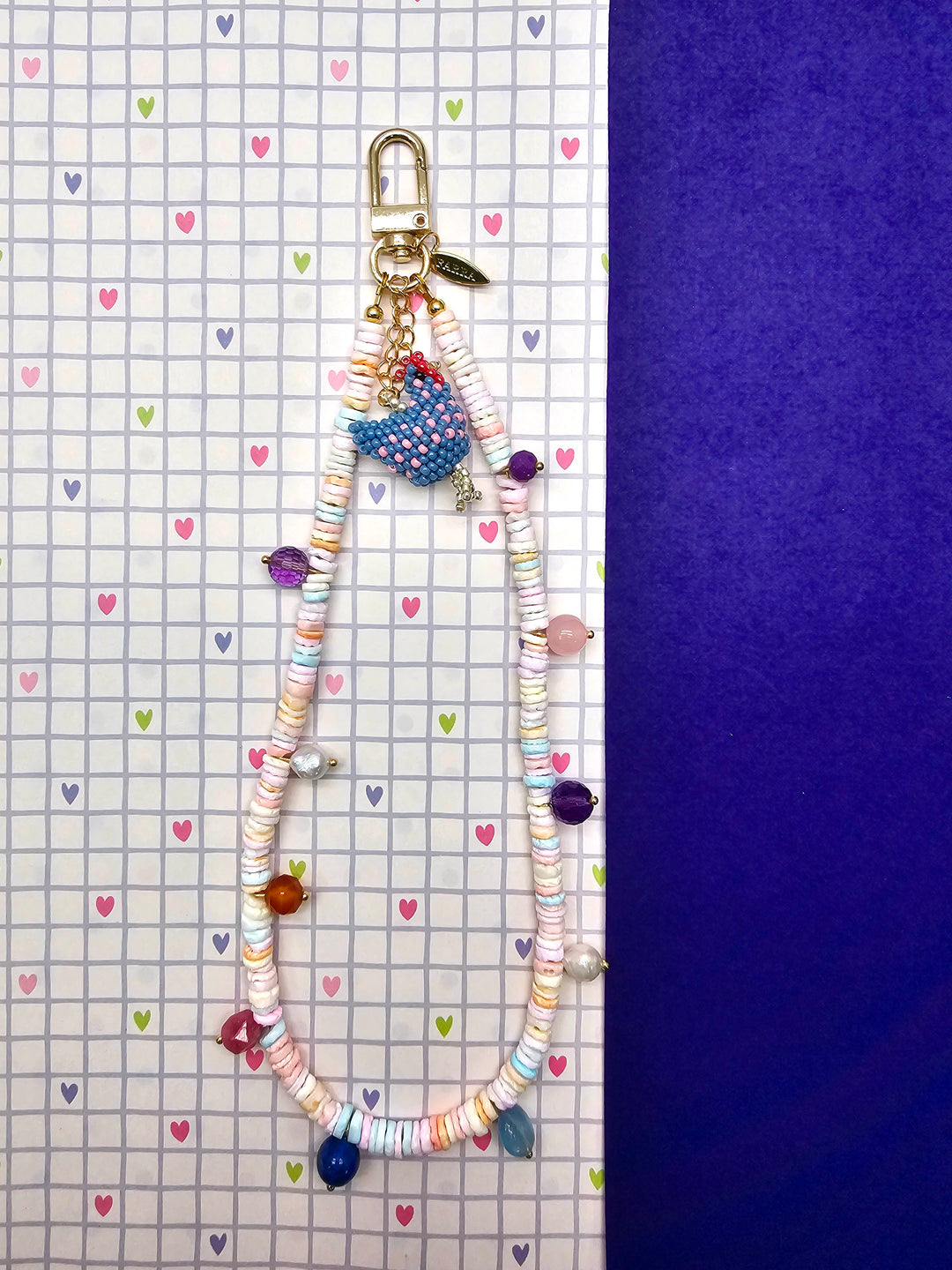 Pink Shell With Handcrafted Chicken Charm And Colorful Gemstone Phone Strap PC143
