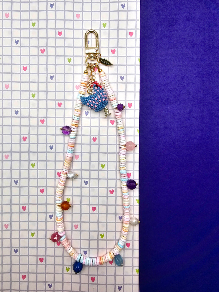 Pink Shell With Handcrafted Chicken Charm And Colorful Gemstone Phone Strap PC143