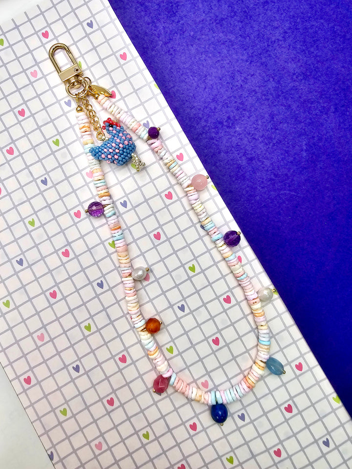 Pink Shell With Handcrafted Chicken Charm And Colorful Gemstone Phone Strap PC143