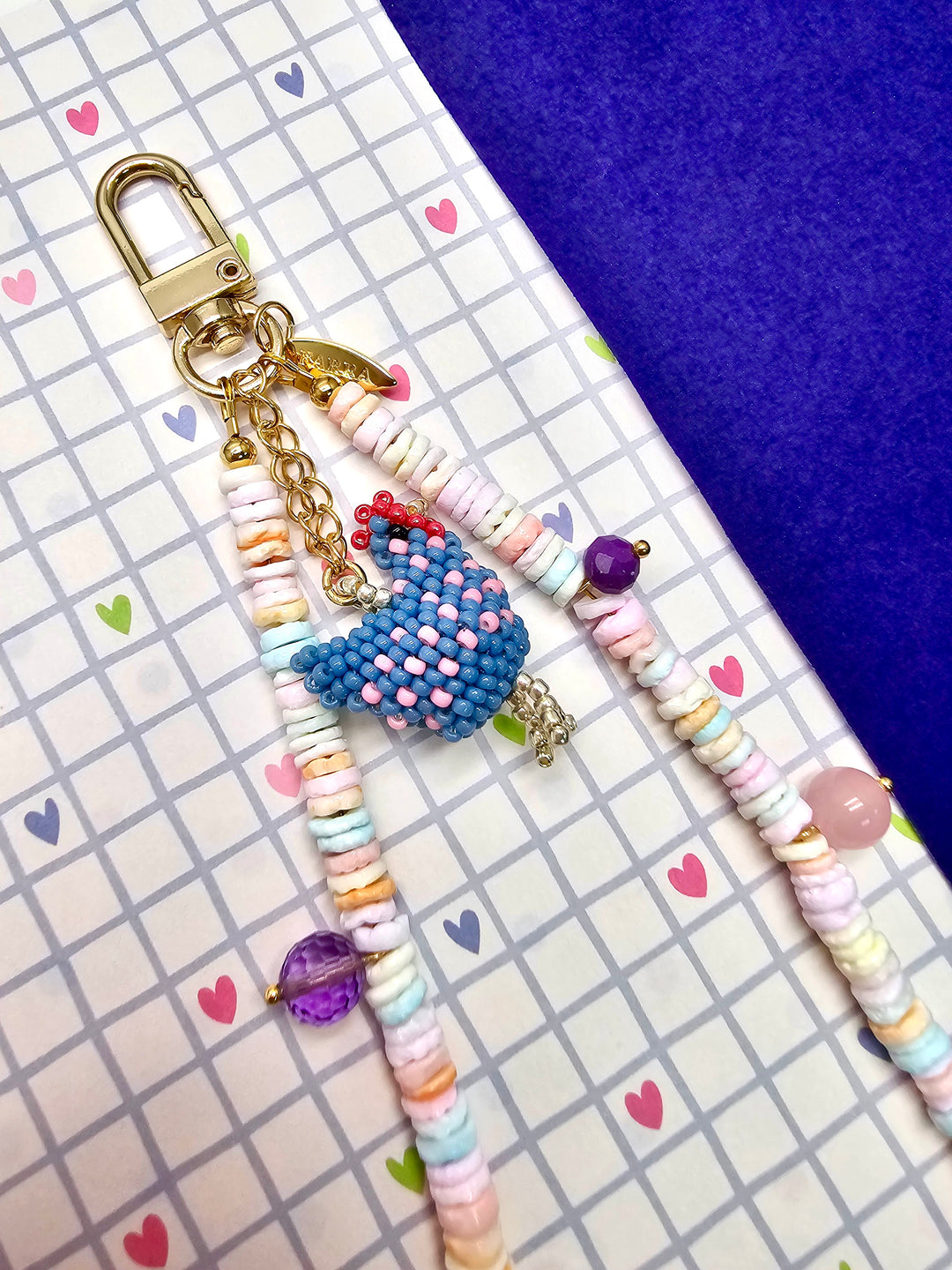 Pink Shell With Handcrafted Chicken Charm And Colorful Gemstone Phone Strap PC143