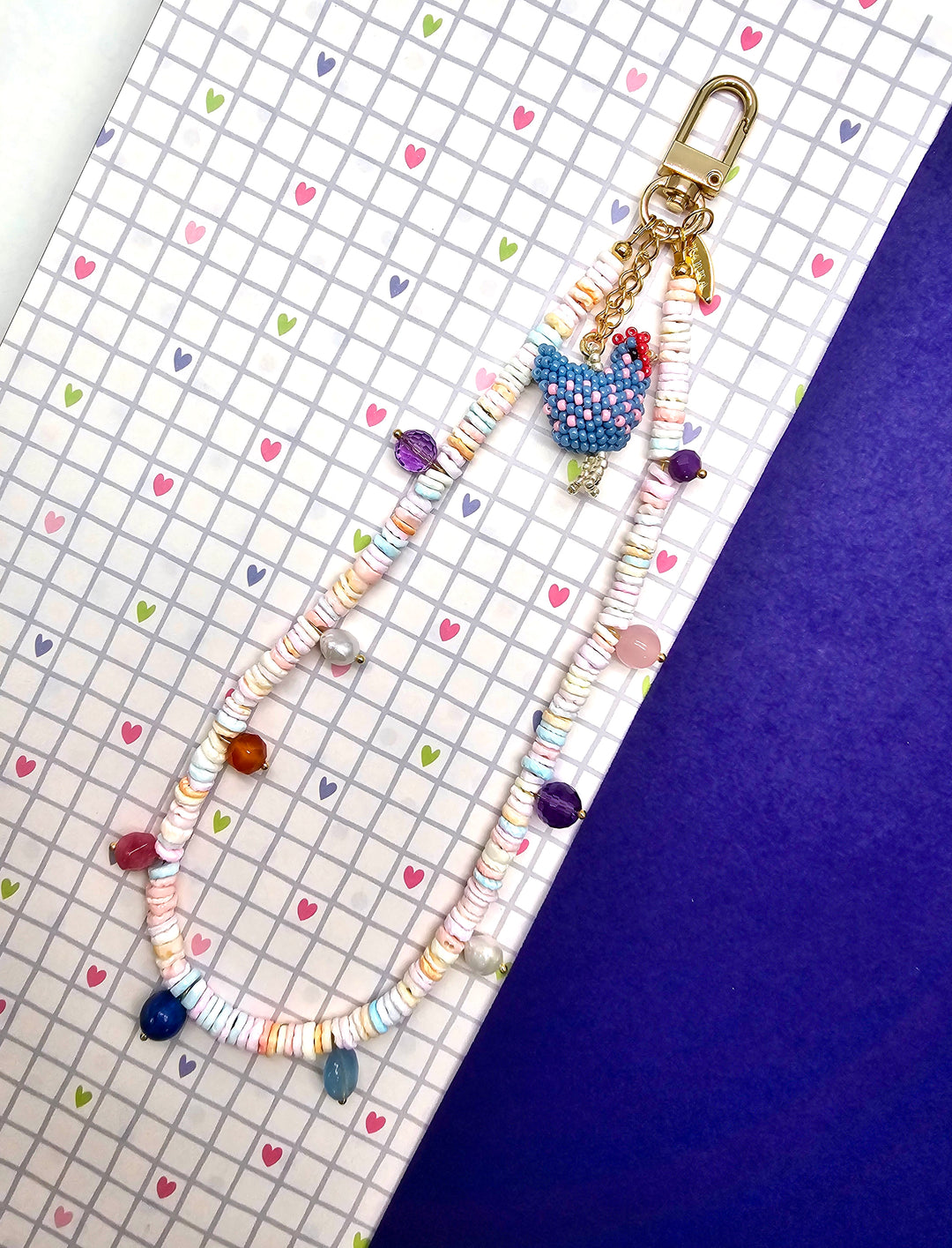 Pink Shell With Handcrafted Chicken Charm And Colorful Gemstone Phone Strap PC143