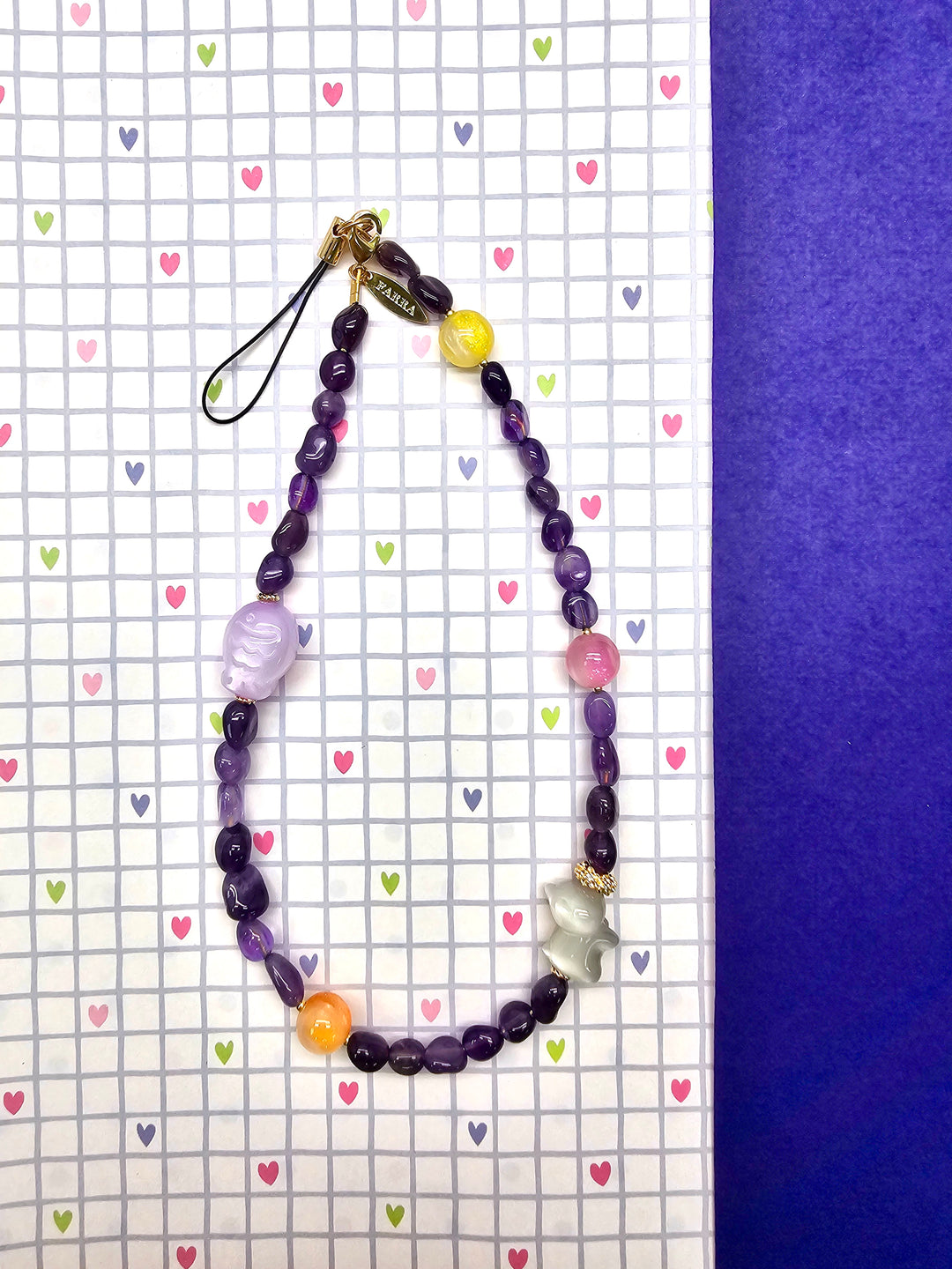 UV Color-Changing Cat & Fish Amethyst Phone Strap PC125