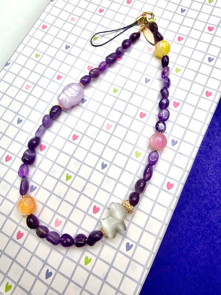 UV Color-Changing Cat & Fish Amethyst Phone Strap PC125