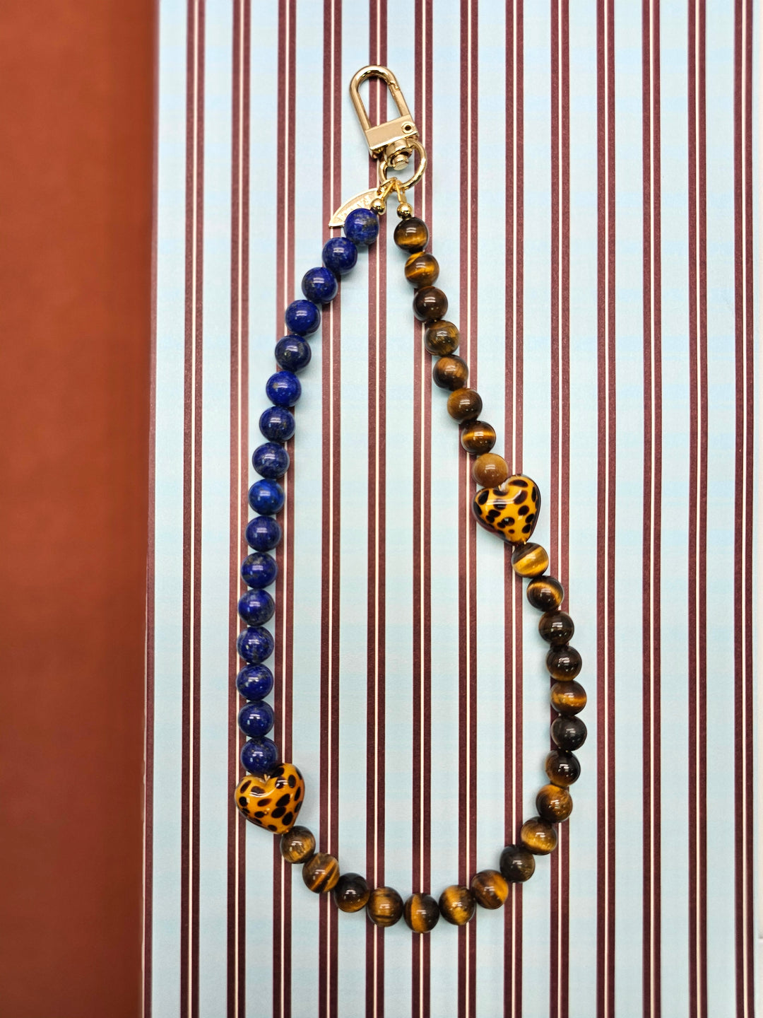 Lapis Lazuli Tiger Eye Stone And Leopard Print Heart Phone Strap PC144