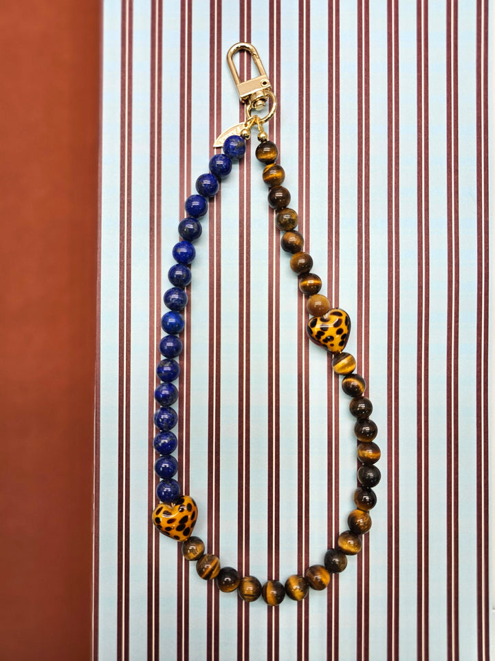 Lapis Lazuli Tiger Eye Stone And Leopard Print Heart Phone Strap PC144