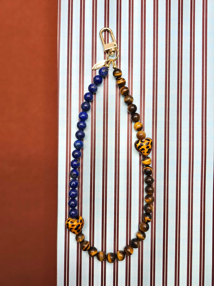 Lapis Lazuli Tiger Eye Stone And Leopard Print Heart Phone Strap PC144