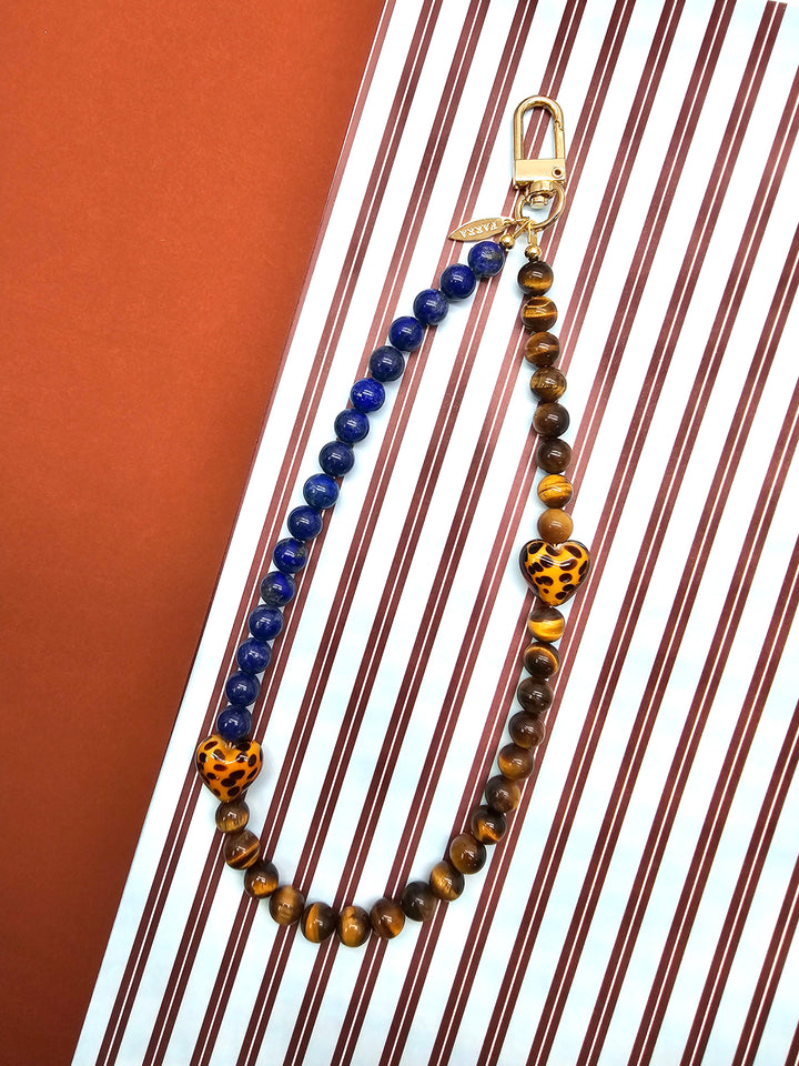 Lapis Lazuli Tiger Eye Stone And Leopard Print Heart Phone Strap PC144
