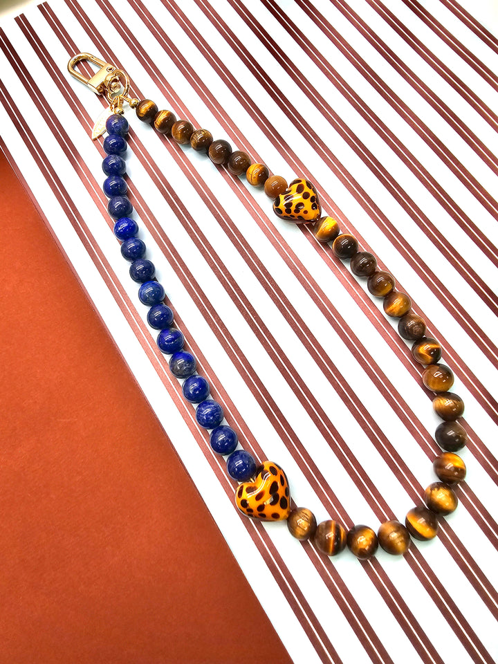 Lapis Lazuli Tiger Eye Stone And Leopard Print Heart Phone Strap PC144
