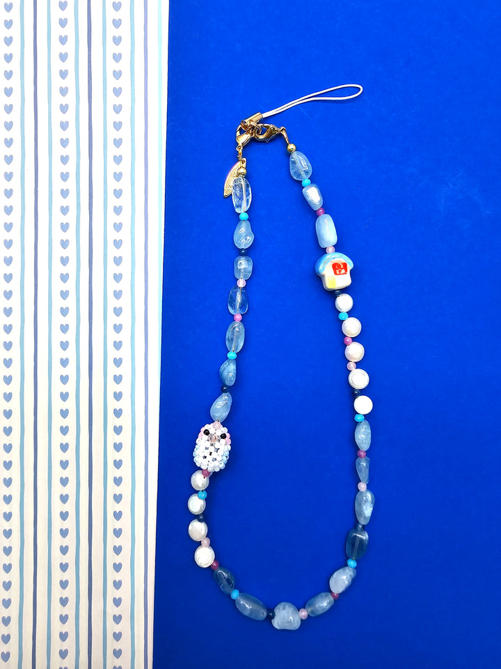 Handcrafted Bird & Ceramic House Aquamarine Pearl Phone Strap PC126