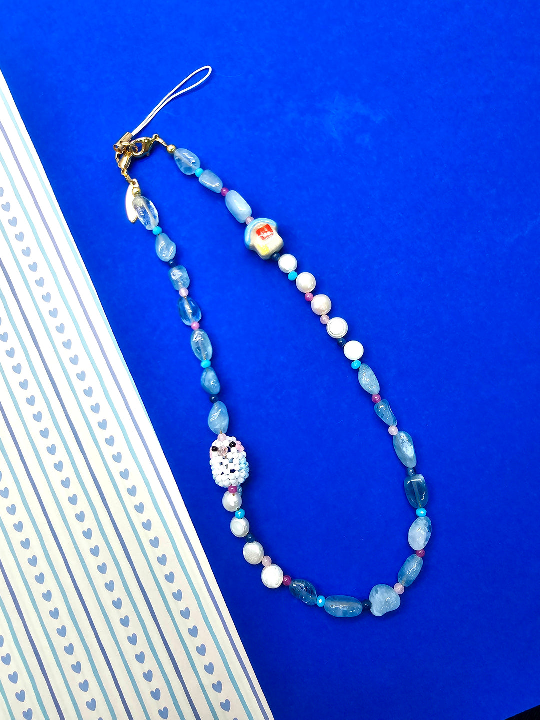 Handcrafted Bird & Ceramic House Aquamarine Pearl Phone Strap PC126