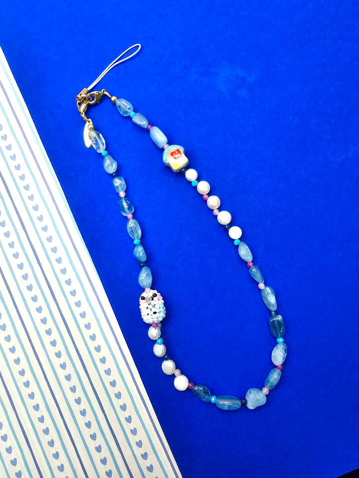 Handcrafted Bird & Ceramic House Aquamarine Pearl Phone Strap PC126