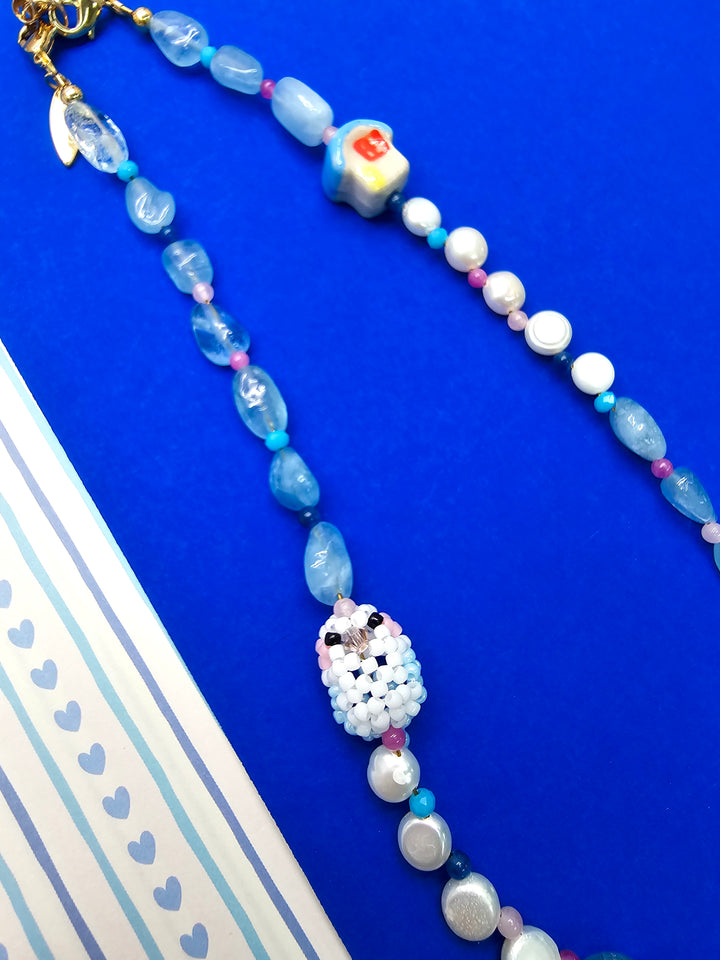 Handcrafted Bird & Ceramic House Aquamarine Pearl Phone Strap PC126