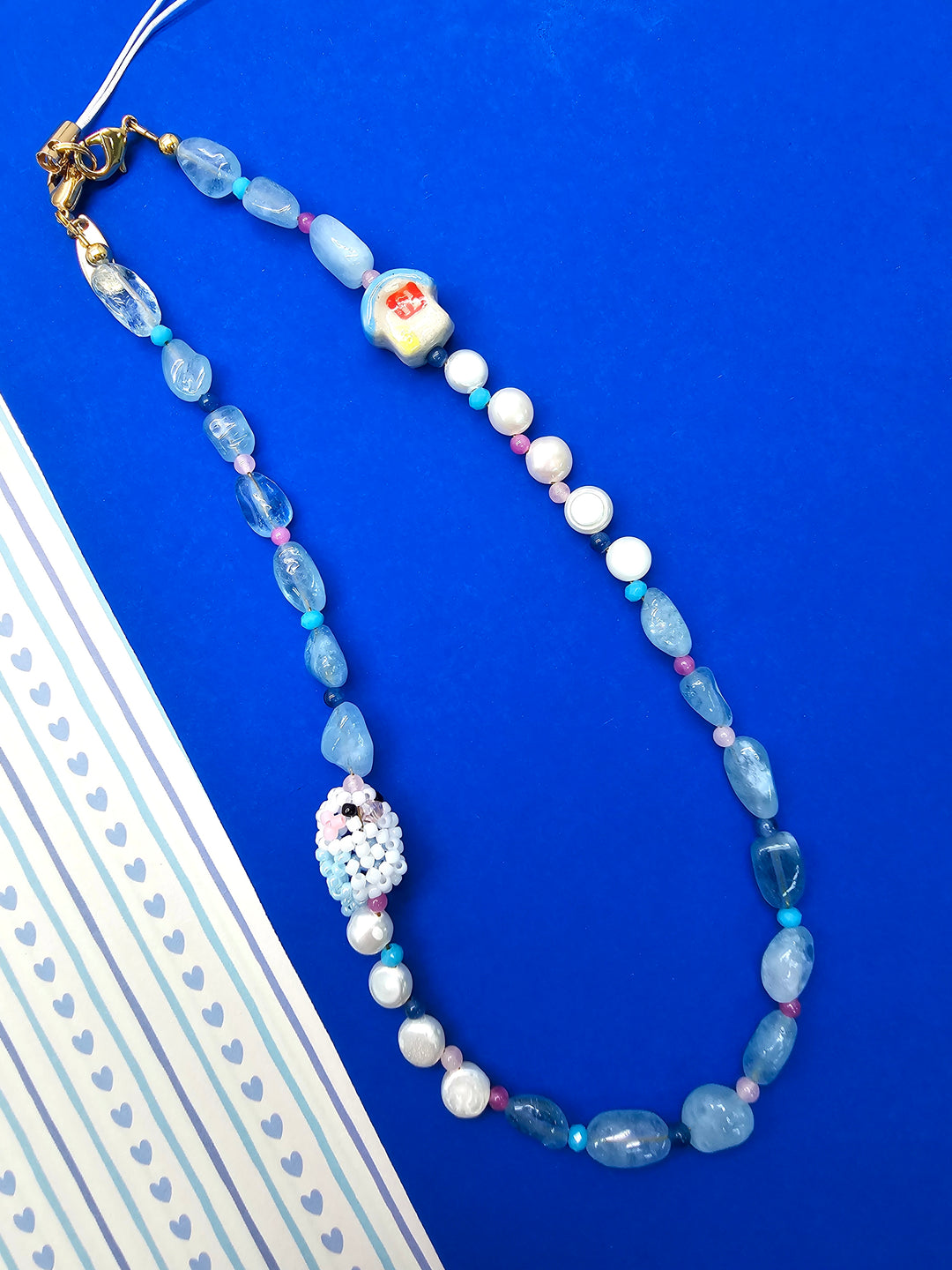 Handcrafted Bird & Ceramic House Aquamarine Pearl Phone Strap PC126