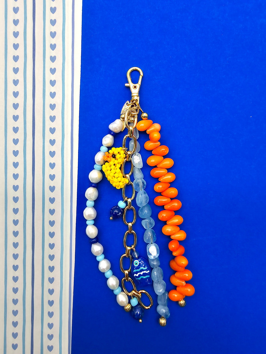 Duck & Fish Coral Aquamarine And Pearls Tassel Phone Strap / Bag Charm PC108