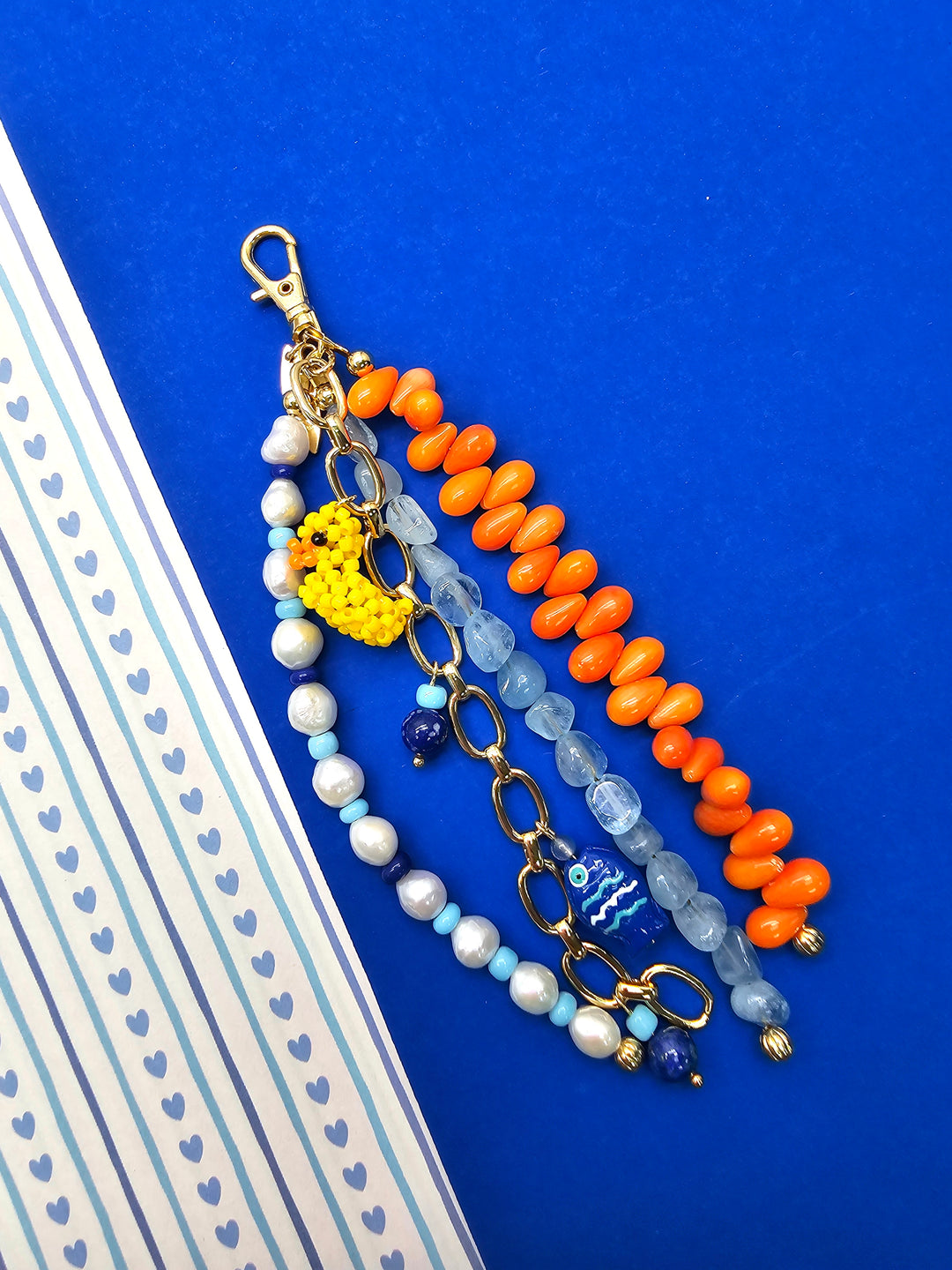 Duck & Fish Coral Aquamarine And Pearls Tassel Phone Strap / Bag Charm PC108