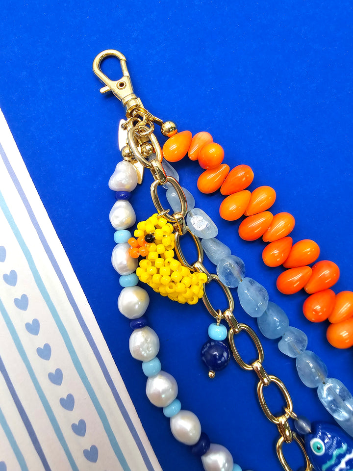 Duck & Fish Coral Aquamarine And Pearls Tassel Phone Strap / Bag Charm PC108