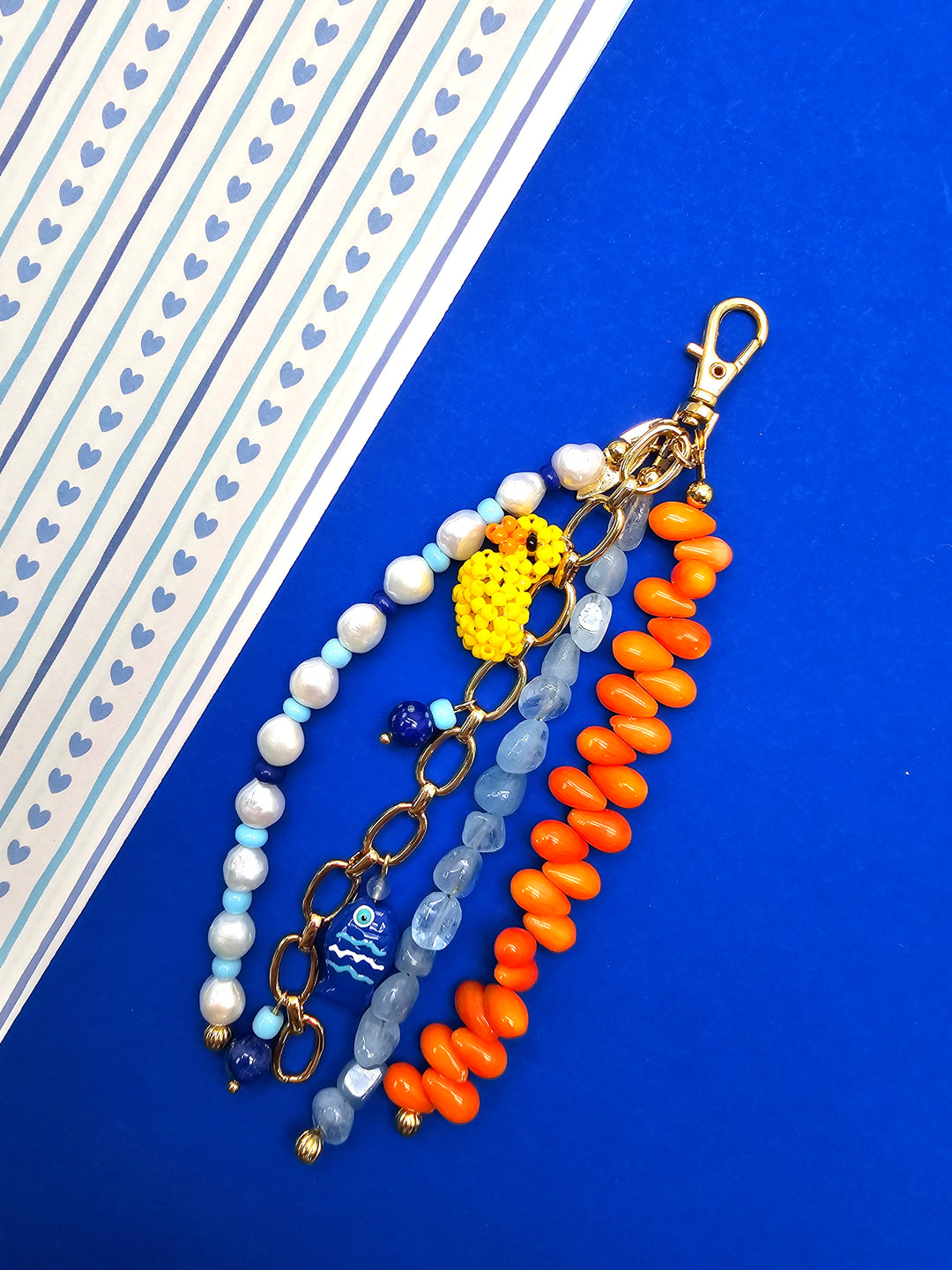 Duck & Fish Coral Aquamarine And Pearls Tassel Phone Strap / Bag Charm PC108