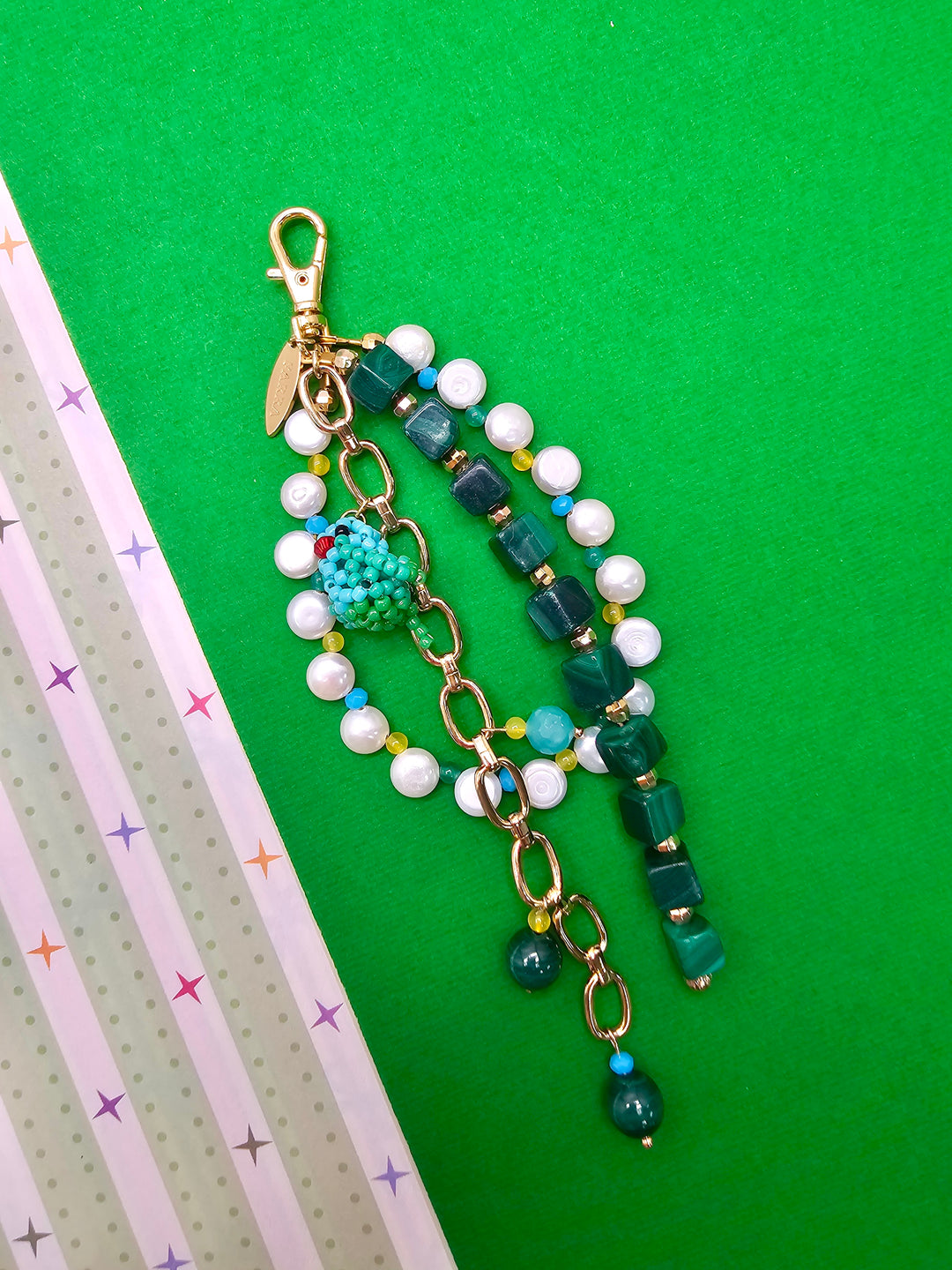 Green Malachite Freshwater Pearl Bird Charm Phone Strap & Bag Charm PC100