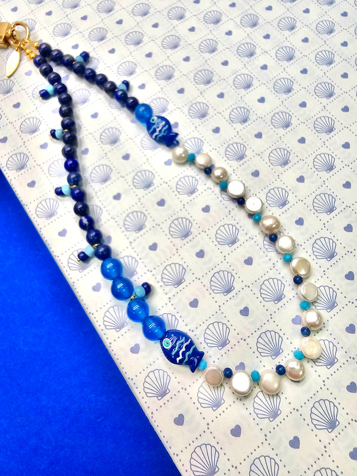 Ocean Story Lapis Lazuli Freshwater Pearl With Fish Phone Strap PC138