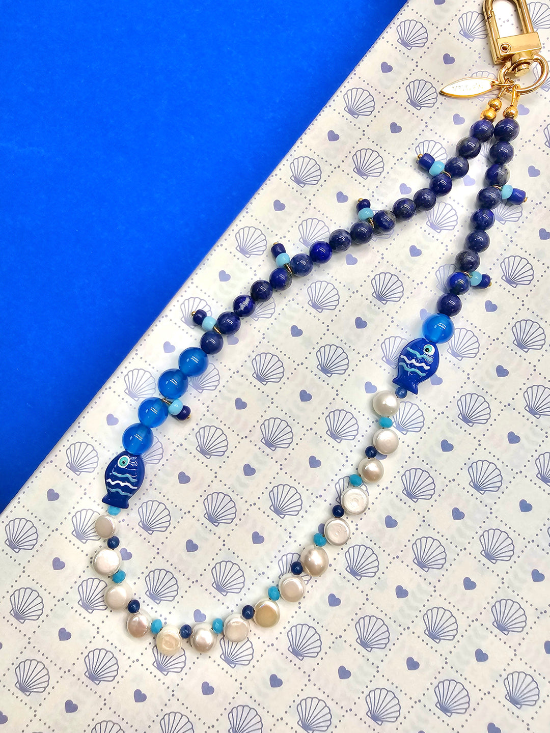 Ocean Story Lapis Lazuli Freshwater Pearl With Fish Phone Strap PC138