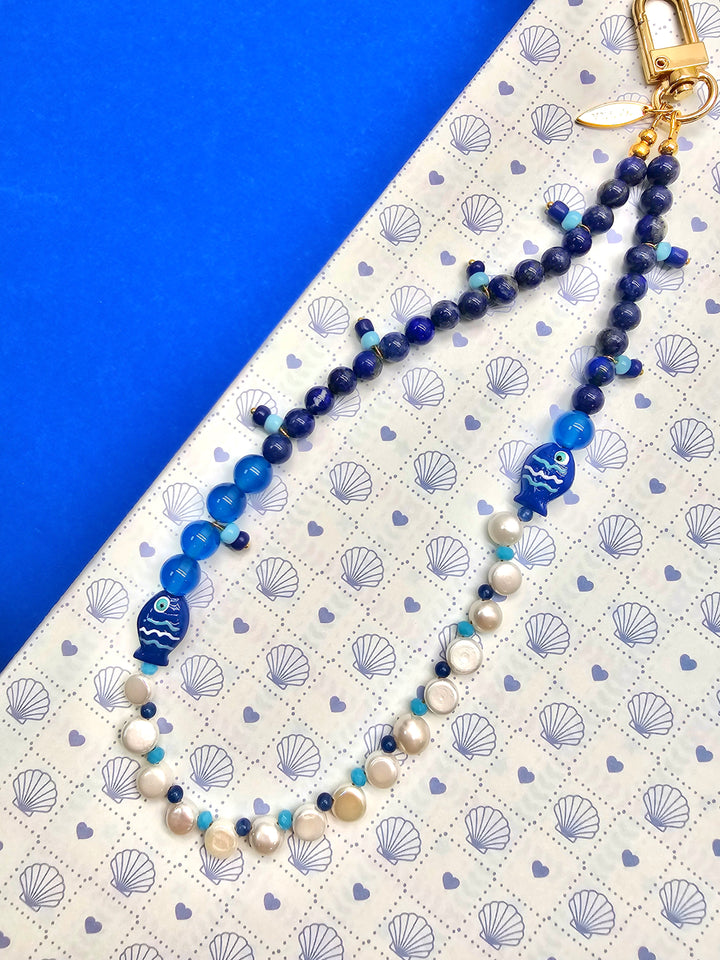 Ocean Story Lapis Lazuli Freshwater Pearl With Fish Phone Strap PC138