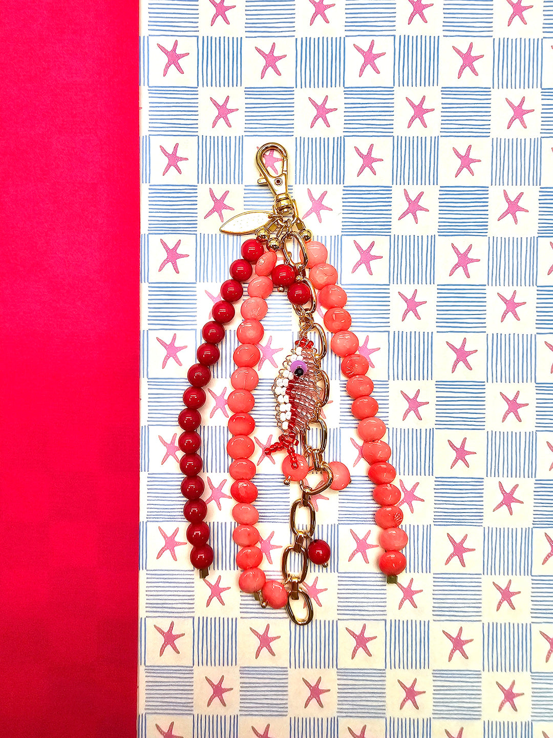 Fish Charm Pink & Red Bamboo Coral Phone Strap / Bag Charm PC102