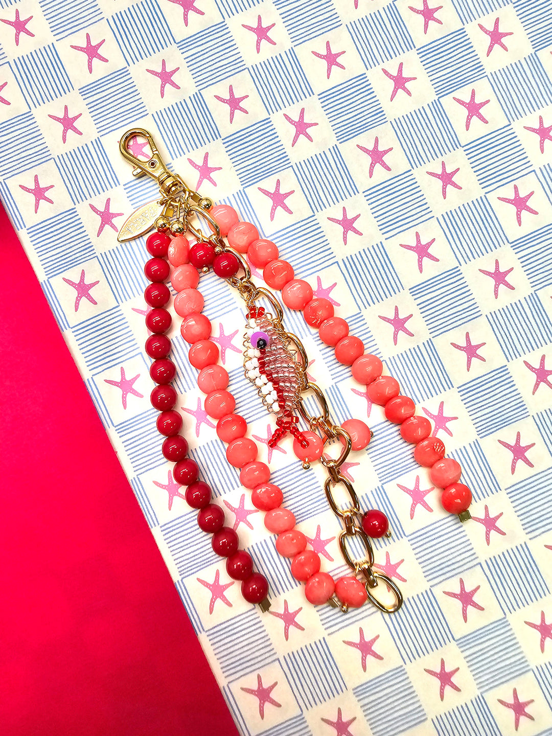 Fish Charm Pink & Red Bamboo Coral Phone Strap / Bag Charm PC102