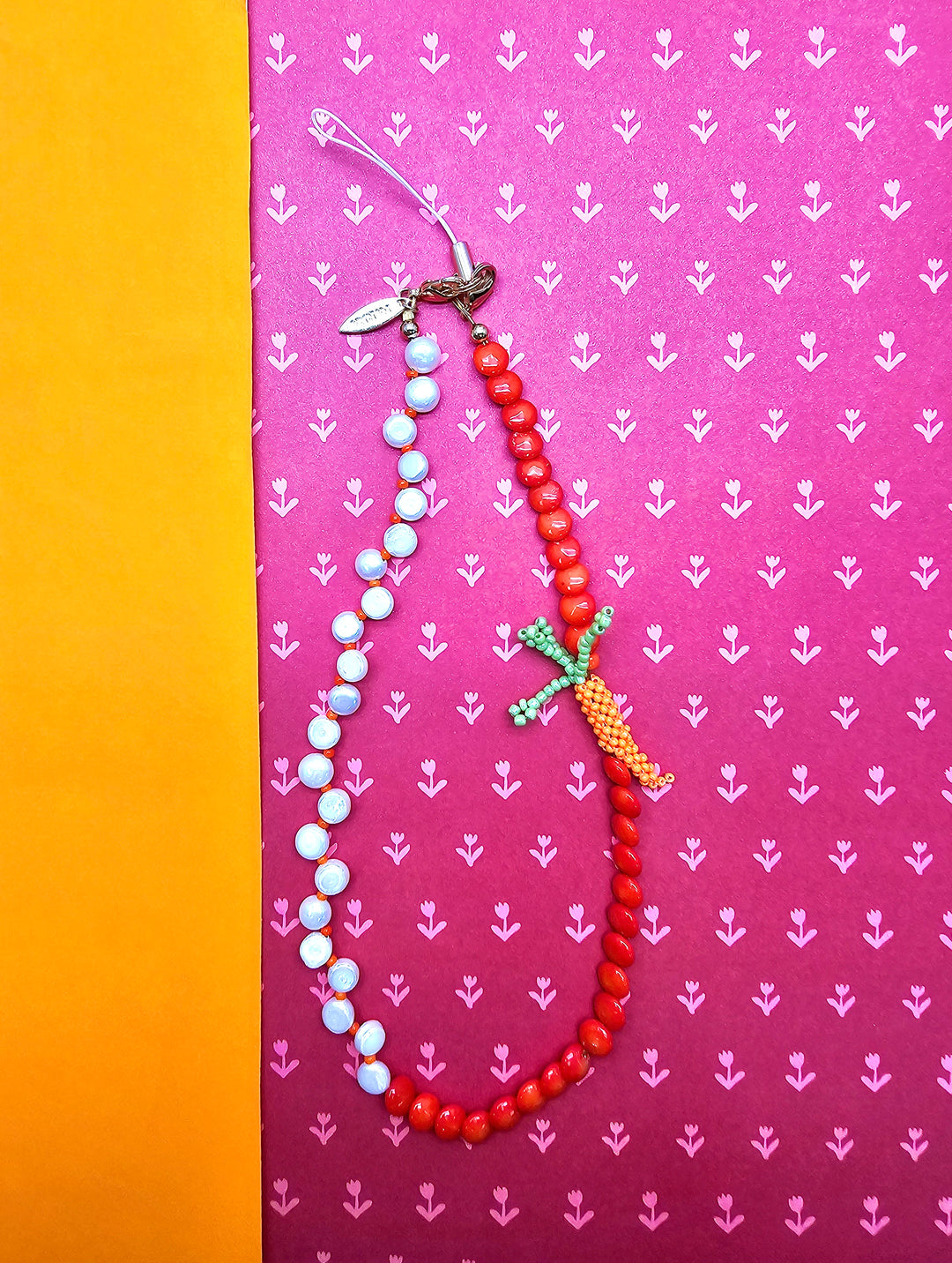 Bamboo Coral & Freshwater Pearl With Handcrafted Carrot Phone Strap PC141