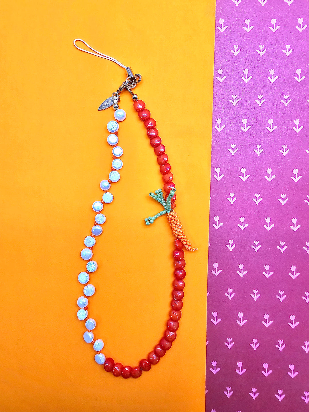 Bamboo Coral & Freshwater Pearl With Handcrafted Carrot Phone Strap PC141