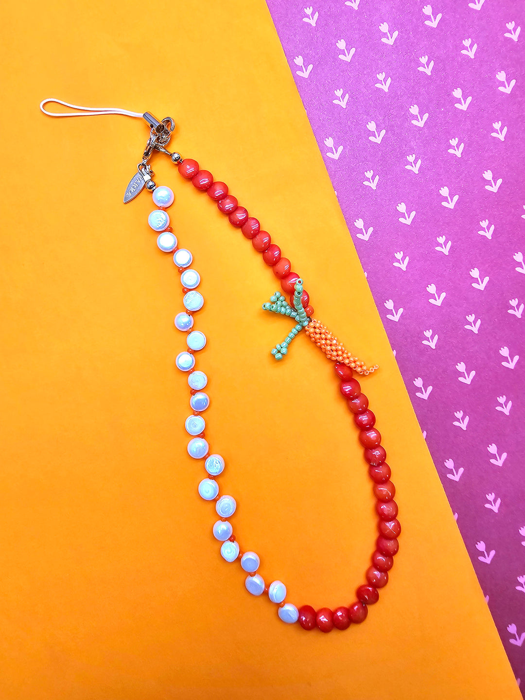Bamboo Coral & Freshwater Pearl With Handcrafted Carrot Phone Strap PC141