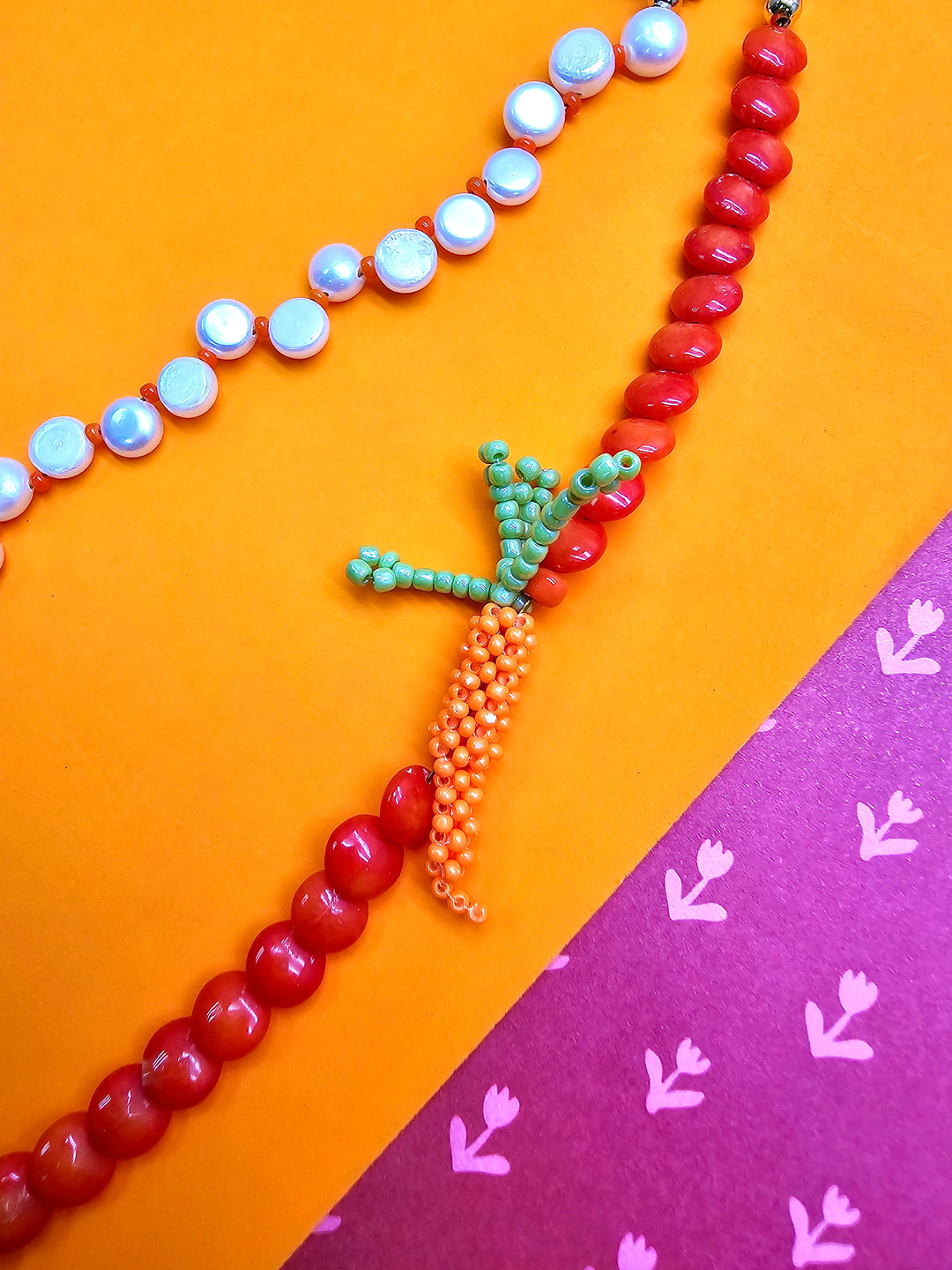 Bamboo Coral & Freshwater Pearl With Handcrafted Carrot Phone Strap PC141