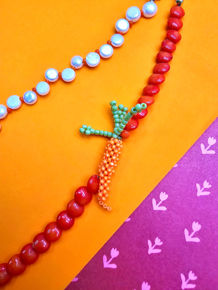 Bamboo Coral & Freshwater Pearl With Handcrafted Carrot Phone Strap PC141