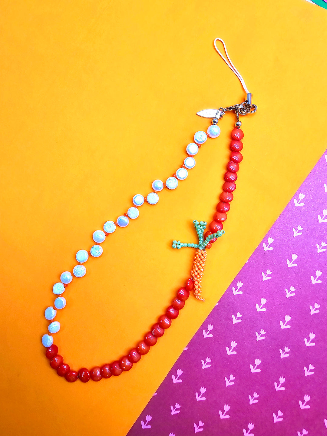 Bamboo Coral & Freshwater Pearl With Handcrafted Carrot Phone Strap PC141