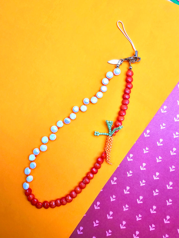 Bamboo Coral & Freshwater Pearl With Handcrafted Carrot Phone Strap PC141