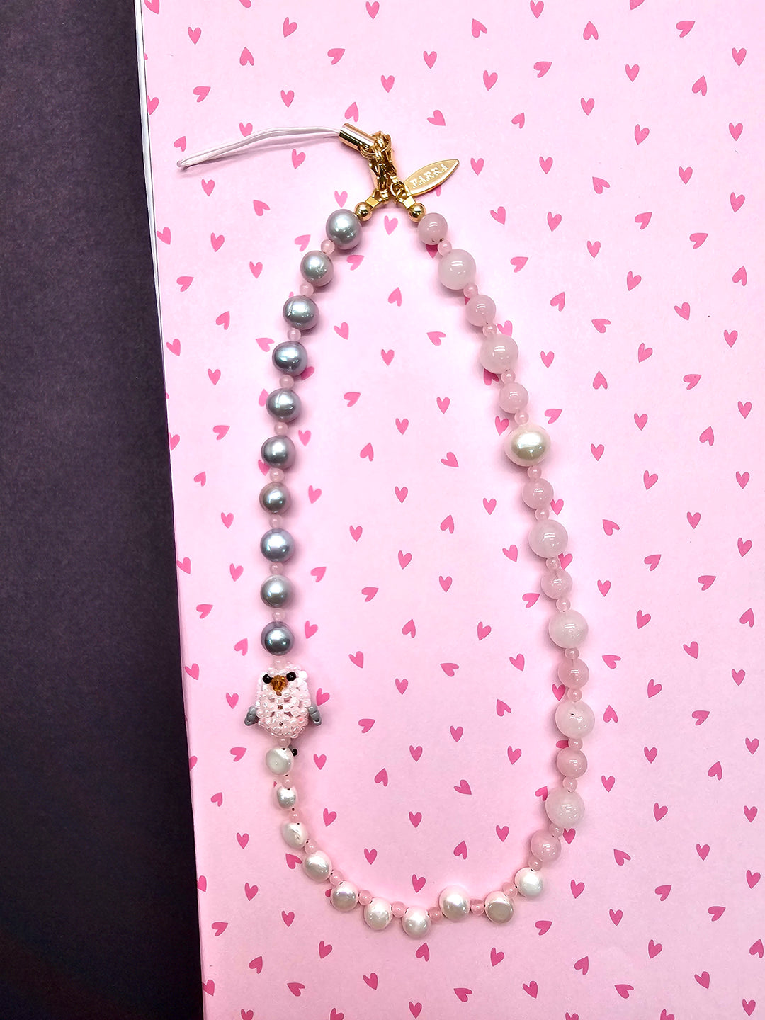 Handcrafted Bird Freshwater Pearl & Rose Quartz Phone Strap PC134