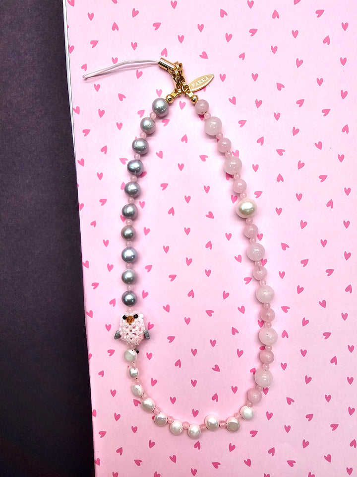 Handcrafted Bird Freshwater Pearl & Rose Quartz Phone Strap PC134