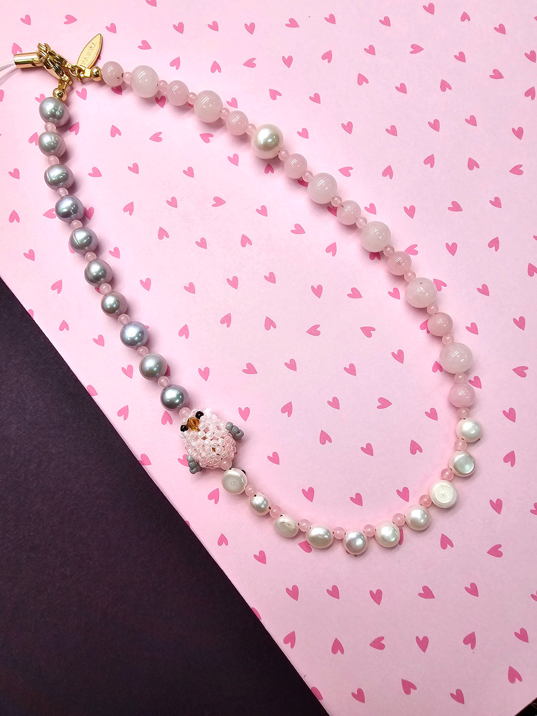Handcrafted Bird Freshwater Pearl & Rose Quartz Phone Strap PC134