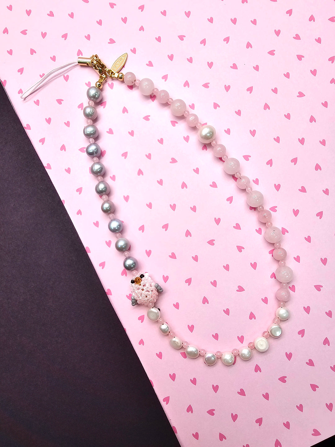 Handcrafted Bird Freshwater Pearl & Rose Quartz Phone Strap PC134